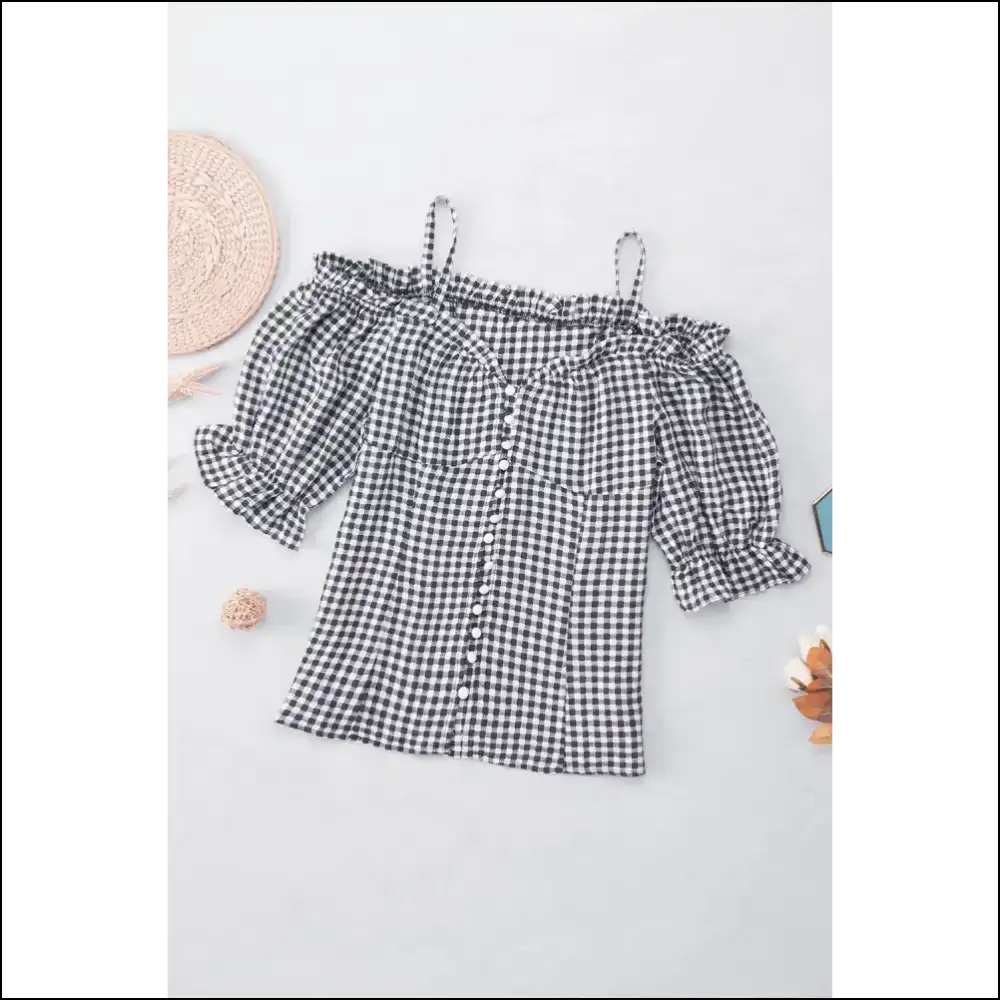 Plaid Buttoned Sweetheart Neck Cold-shoulder Top - Blouses on Sale Worldwide Shipping