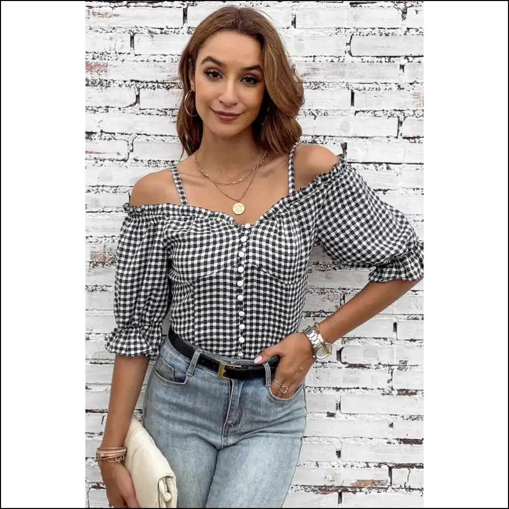 Plaid Buttoned Sweetheart Neck Cold-shoulder Top - Blouses on Sale Worldwide Shipping