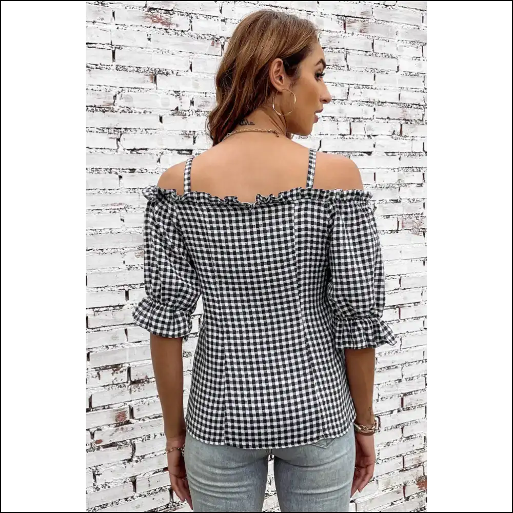 Plaid Buttoned Sweetheart Neck Cold-shoulder Top - Blouses on Sale Worldwide Shipping