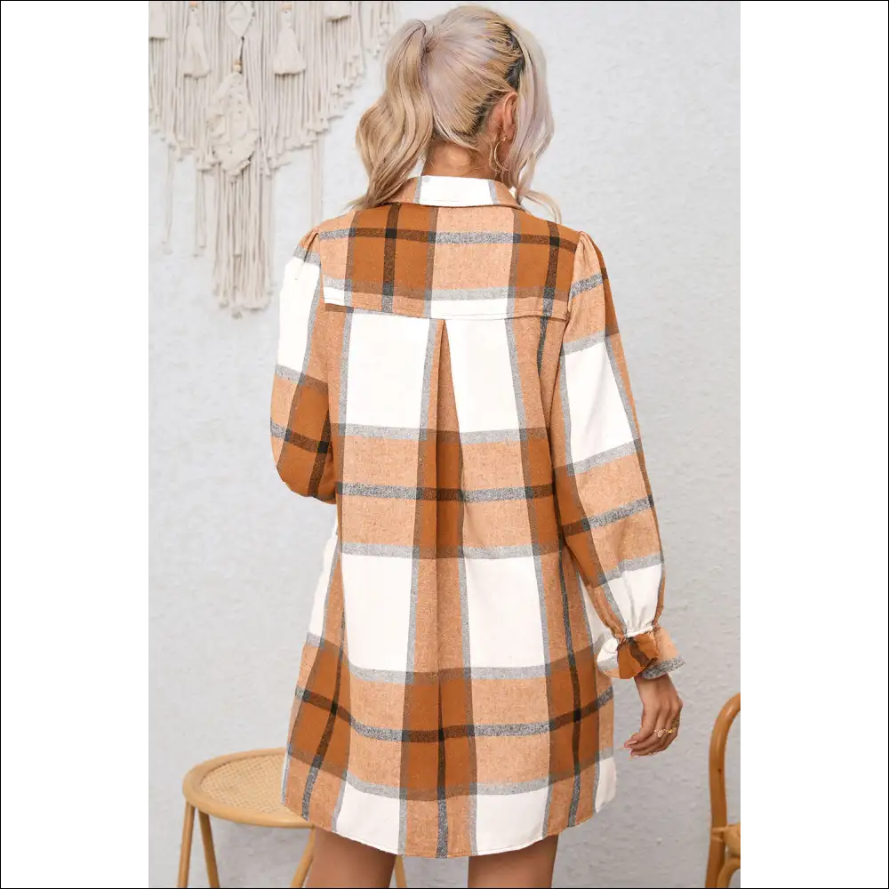 Plaid Flounce Sleeve Collared Shirt Dress - Dresses on Sale Worldwide Shipping