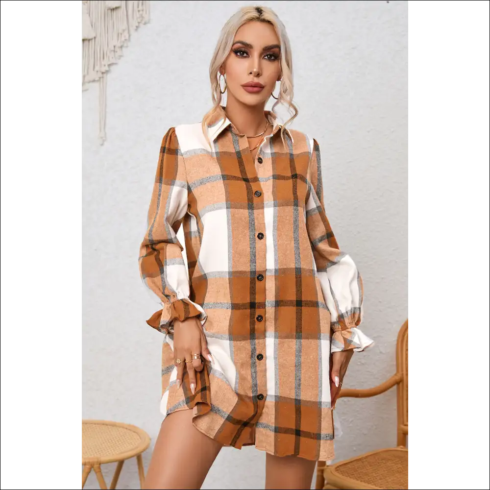 Plaid Flounce Sleeve Collared Shirt Dress - Dresses on Sale Worldwide Shipping