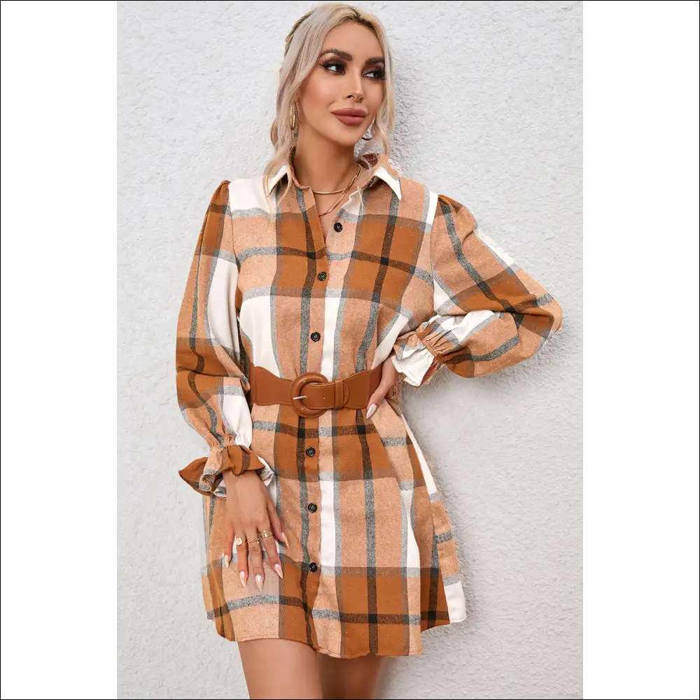 Plaid Flounce Sleeve Collared Shirt Dress - Dresses on Sale Worldwide Shipping
