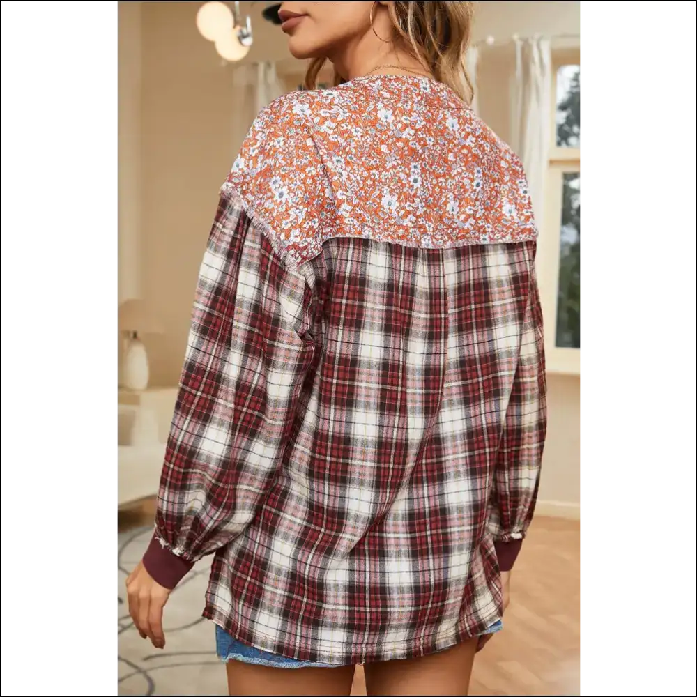 Plaid Notched Neck Slit Blouse - Chic & Trendy - Blouses on Sale Worldwide Shipping