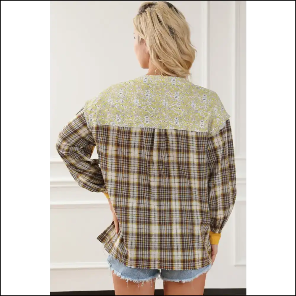 Plaid Notched Neck Slit Blouse - Chic & Trendy - Blouses on Sale Worldwide Shipping
