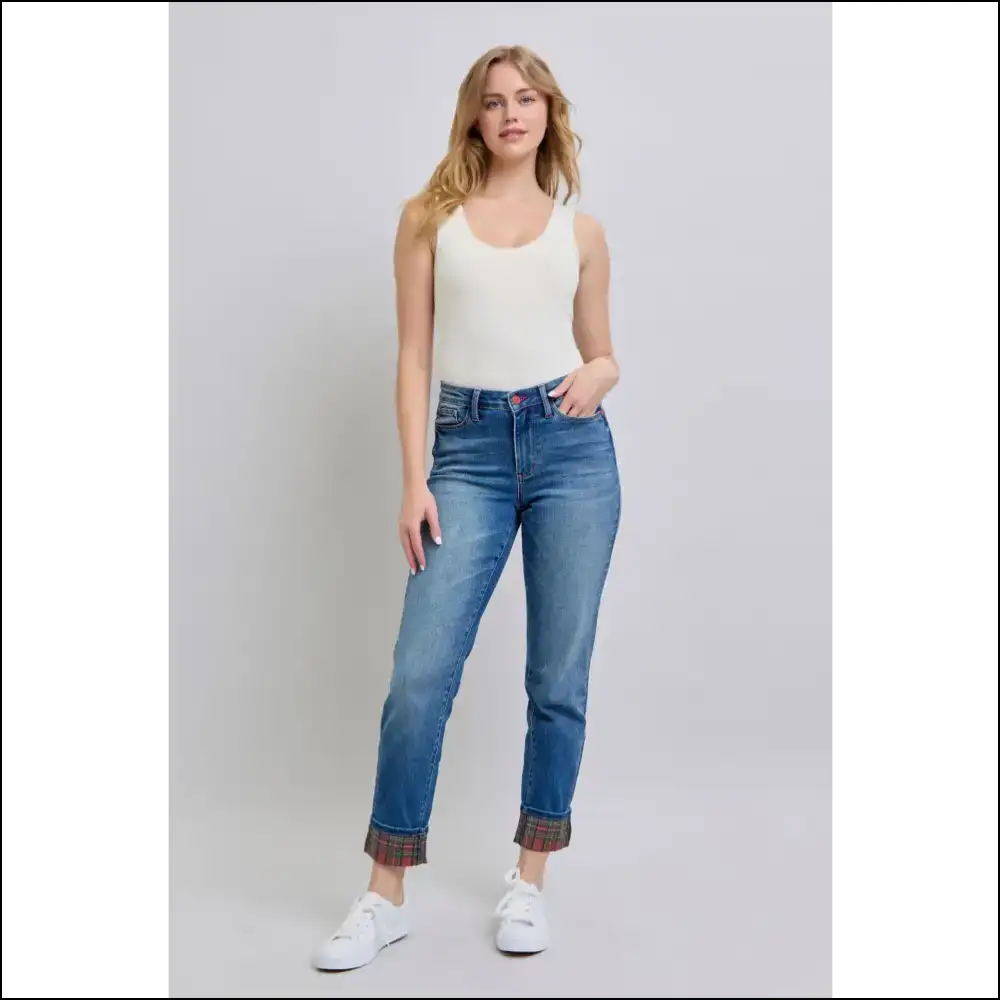 Plaid Print Cuff Jeans: for when your Legs Want to Join the Party! ππ - Medium / 1(25) - Jeans on Sale Worldwide Shipping