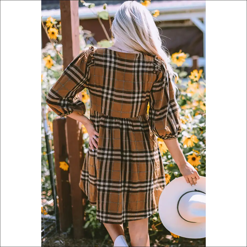 Plaid V-neck Balloon Sleeve Dress - Dresses on Sale Worldwide Shipping