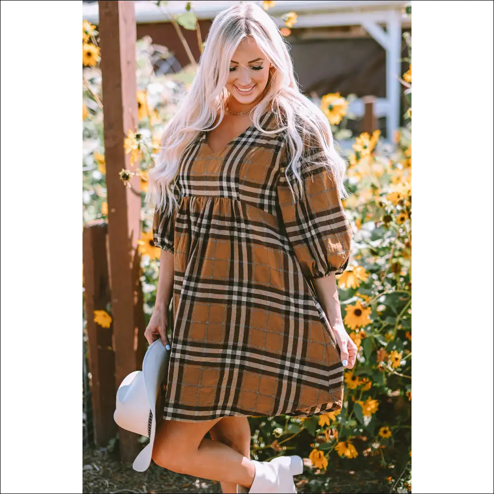 Plaid V-neck Balloon Sleeve Dress - Dresses on Sale Worldwide Shipping