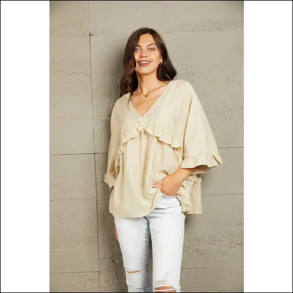 Playful Ruffled V-neck Half Sleeve Blouse - Beige / s - Blouses on Sale Worldwide Shipping