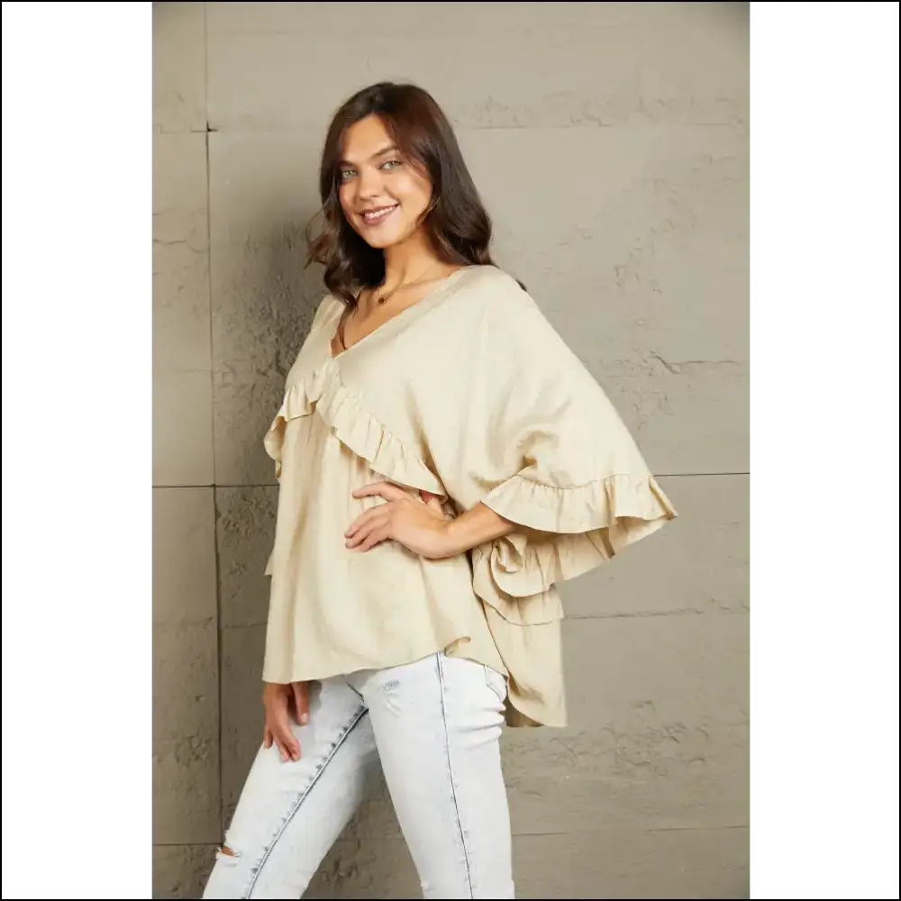Playful Ruffled V-neck Half Sleeve Blouse - Blouses on Sale Worldwide Shipping
