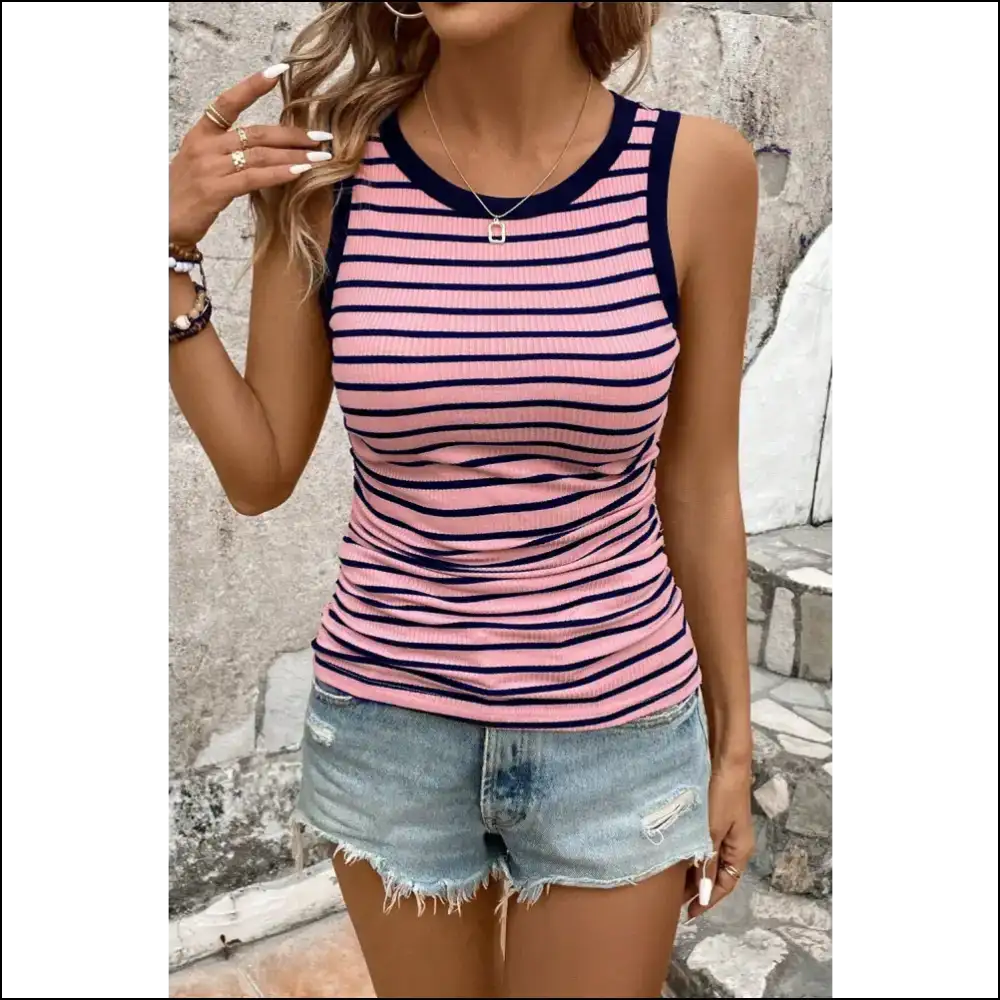 Playful Striped Contrast Round Neck Tank - Dusty Pink / s - Tops on Sale Worldwide Shipping