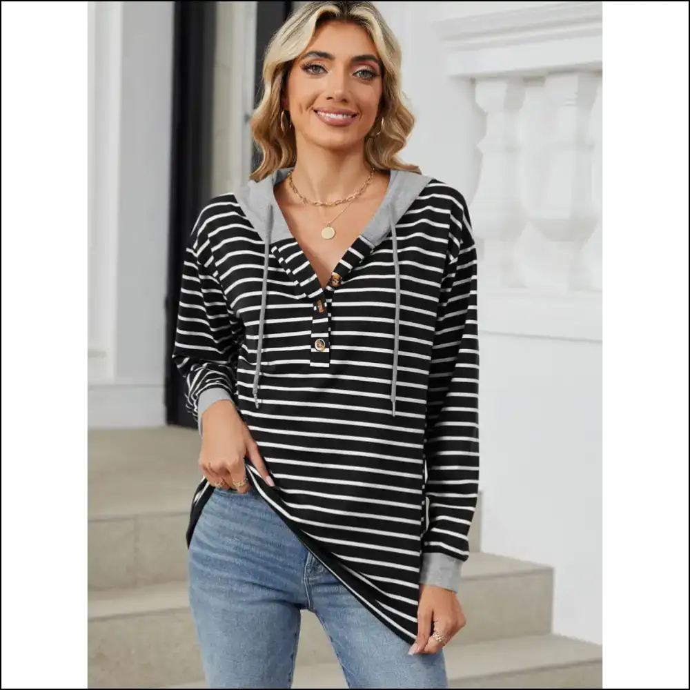 Playful Striped Drawstring Long Sleeve Hoodie - Black / s - Sweatshirts & Hoodies on Sale Worldwide Shipping