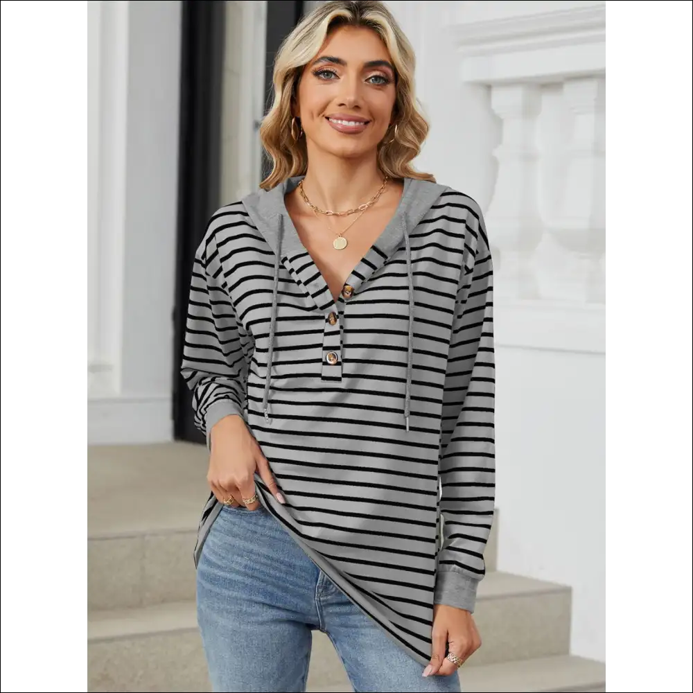 Playful Striped Drawstring Long Sleeve Hoodie - Dark Gray / s - Sweatshirts & Hoodies on Sale Worldwide Shipping