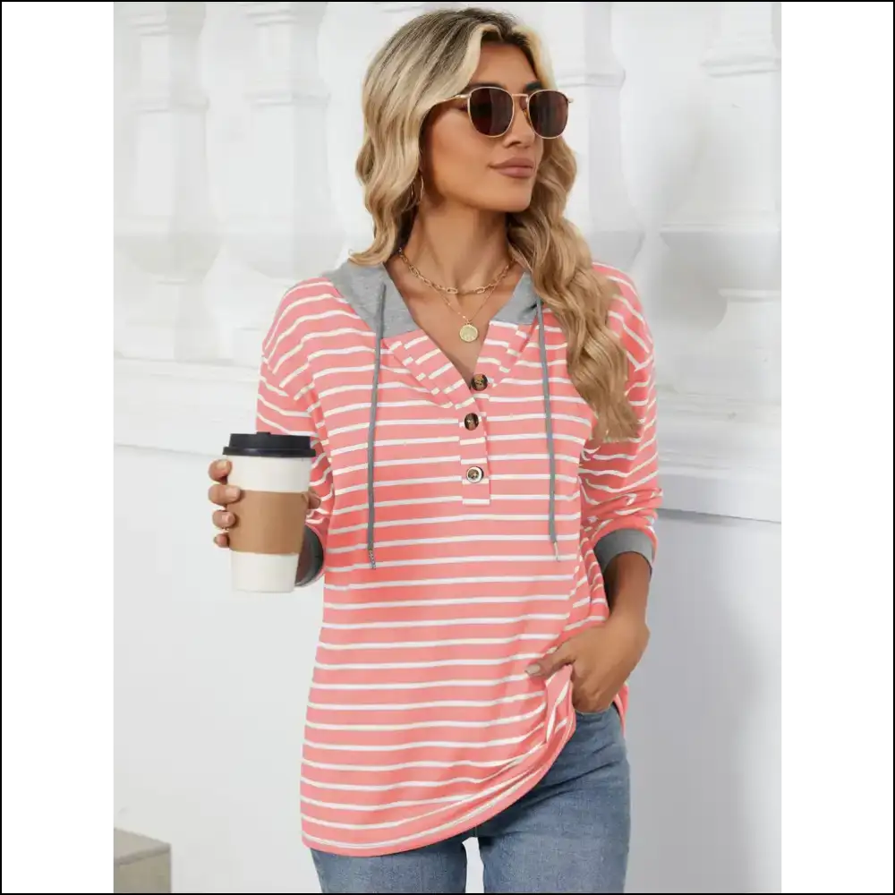 Playful Striped Drawstring Long Sleeve Hoodie - Mauve / 2xl - Sweatshirts & Hoodies on Sale Worldwide Shipping