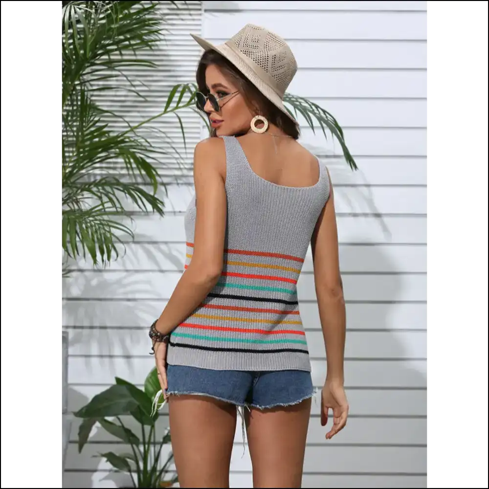 Playful Striped V-neck Knit Tank - Tops on Sale Worldwide Shipping