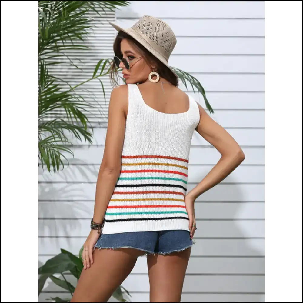 Playful Striped V-neck Knit Tank - Tops on Sale Worldwide Shipping