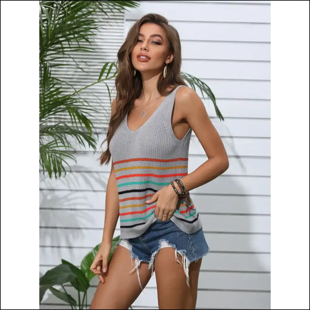 Playful Striped V-neck Knit Tank - Tops on Sale Worldwide Shipping