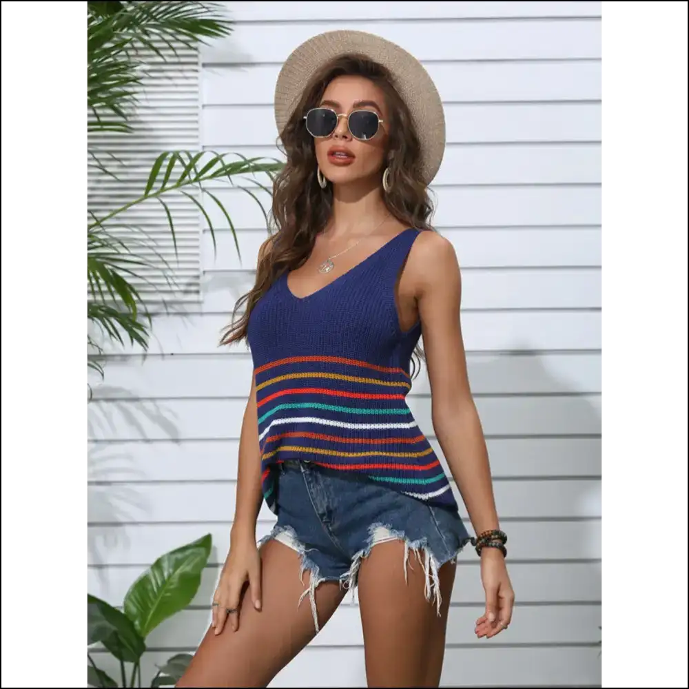 Playful Striped V-neck Knit Tank - Tops on Sale Worldwide Shipping