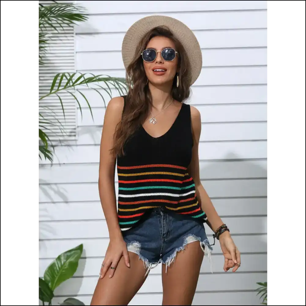 Playful Striped V-neck Knit Tank - Tops on Sale Worldwide Shipping