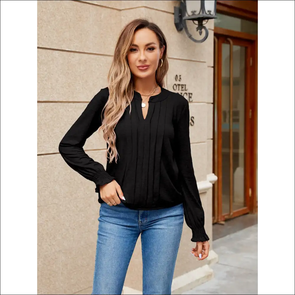 Pleated Notched Neck Flounce Sleeve Blouse - Black / m - Blouses on Sale Worldwide Shipping
