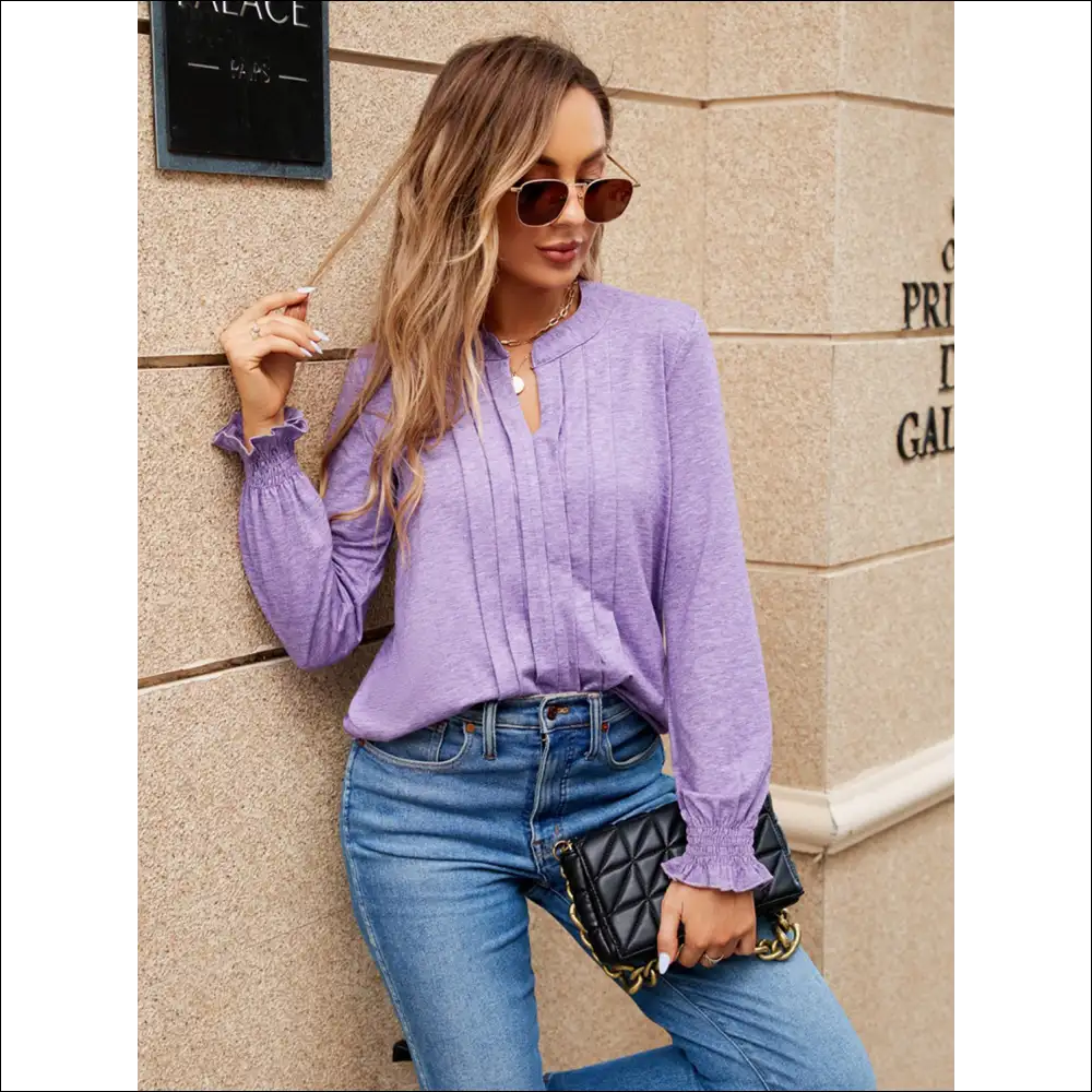 Pleated Notched Neck Flounce Sleeve Blouse - Purple / l - Blouses on Sale Worldwide Shipping