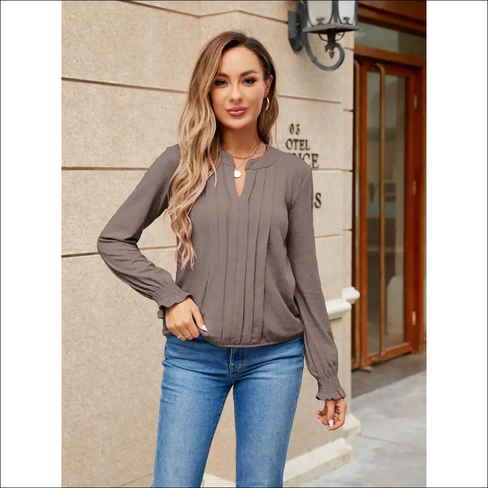 Pleated Notched Neck Flounce Sleeve Blouse - Khaki / s - Blouses on Sale Worldwide Shipping