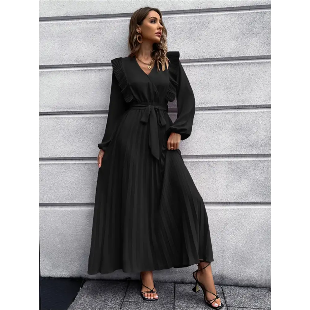 Pleated Surplice Tie Waist Maxi Dress - Black / m - Dresses on Sale Worldwide Shipping