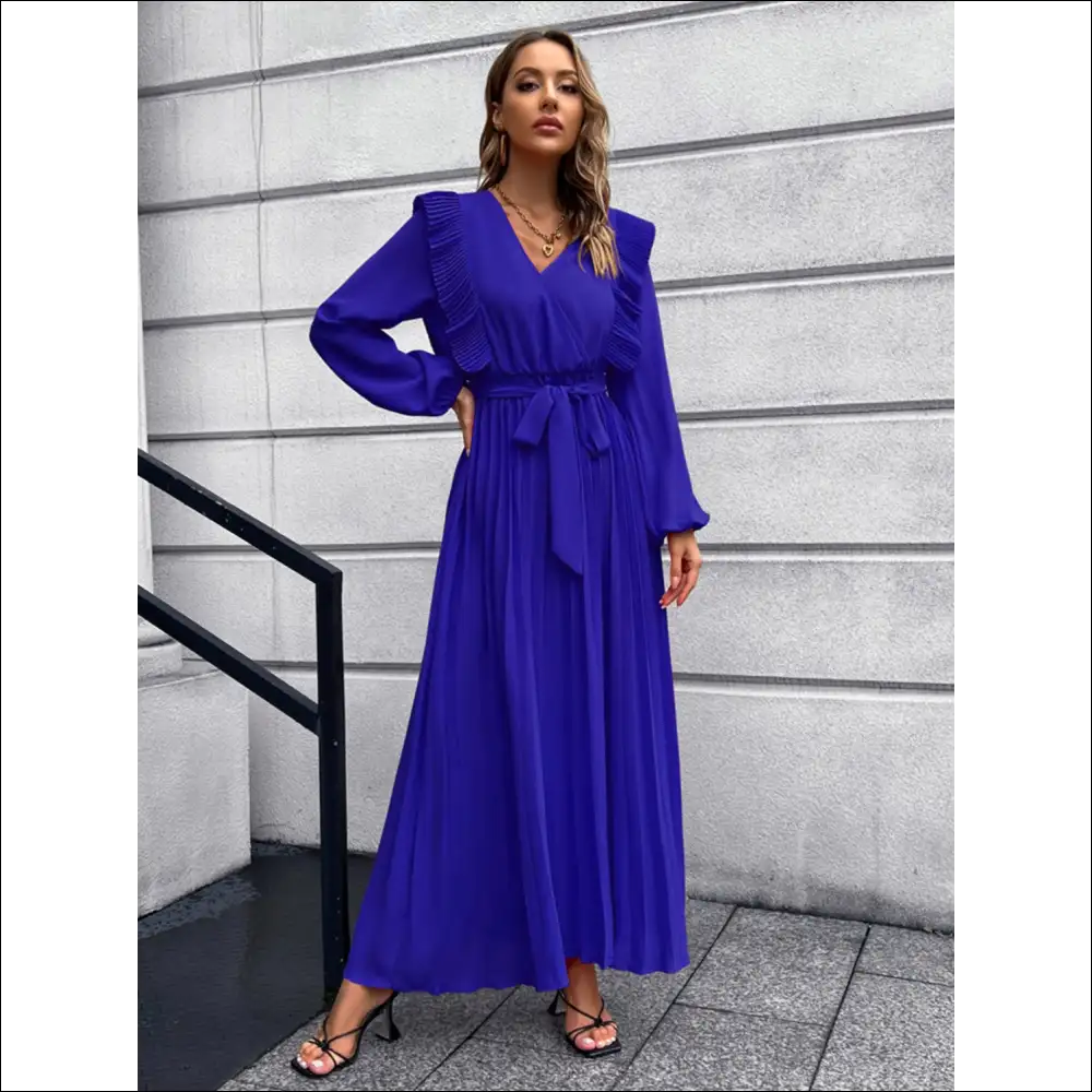 Pleated Surplice Tie Waist Maxi Dress - Dark Blue / m - Dresses on Sale Worldwide Shipping