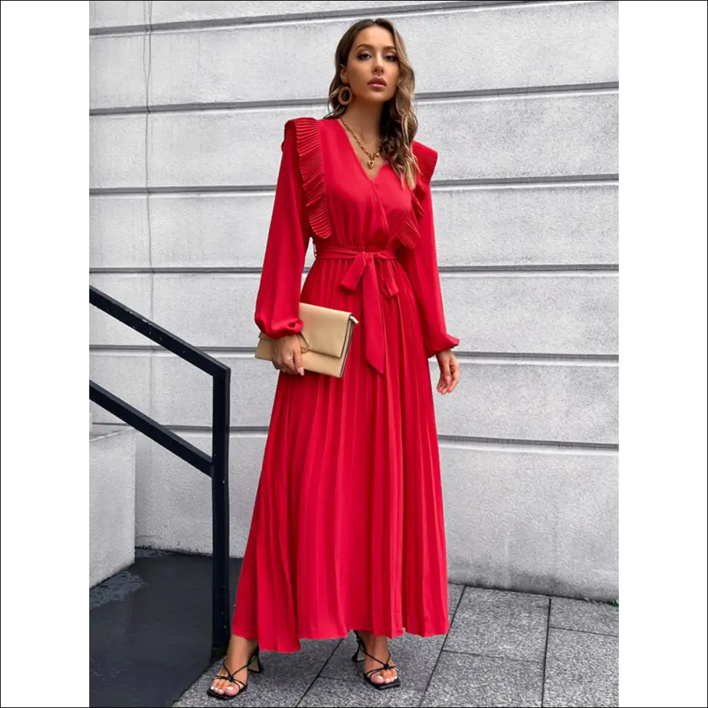 Pleated Surplice Tie Waist Maxi Dress - Red / s - Dresses on Sale Worldwide Shipping
