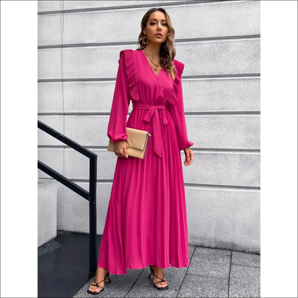 Pleated Surplice Tie Waist Maxi Dress - Hot Pink / s - Dresses on Sale Worldwide Shipping
