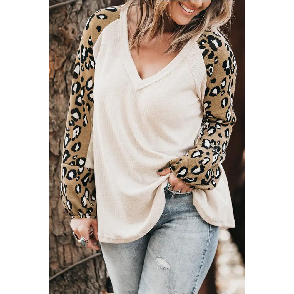 Plus Size Leopard V-neck Raglan Sleeve Blouse - White / 3xl - Blouses on Sale Worldwide Shipping