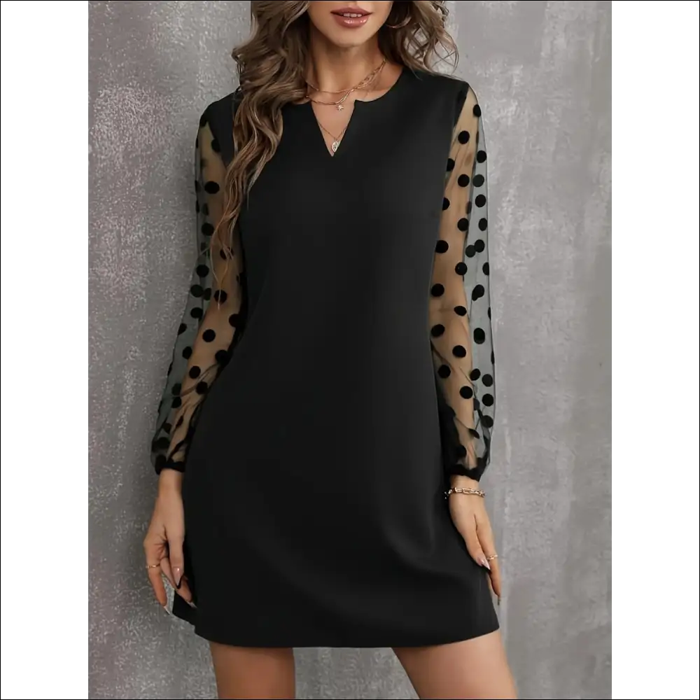 Chic Polka Dot Notched Long Sleeve Dress - Dresses on Sale Worldwide Shipping