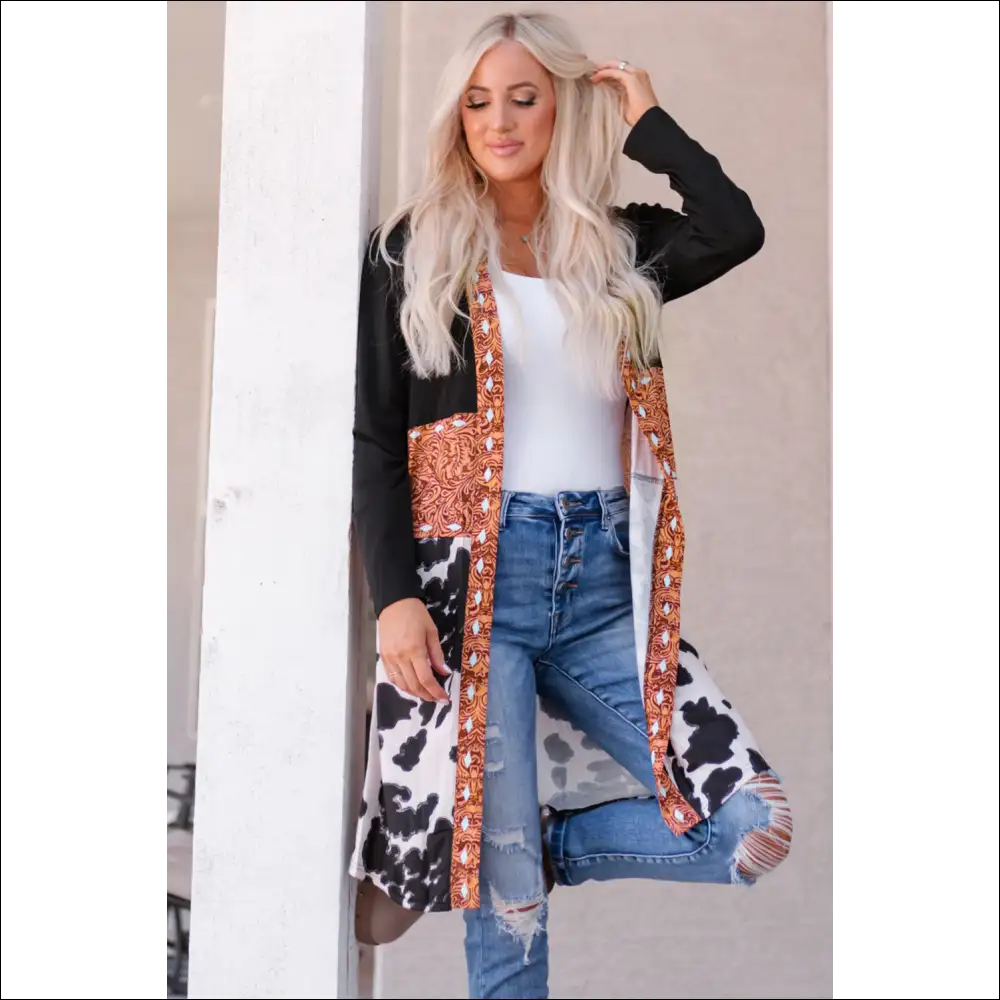 Printed Color Block Open Front Cardigan - Cardigans on Sale Worldwide Shipping
