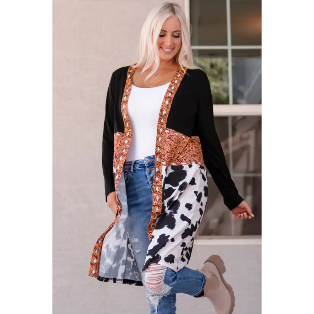 Printed Color Block Open Front Cardigan - Cardigans on Sale Worldwide Shipping