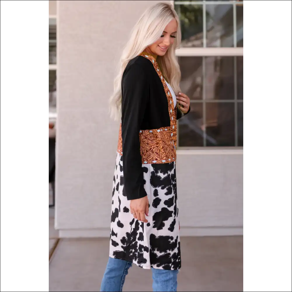 Printed Color Block Open Front Cardigan - Cardigans on Sale Worldwide Shipping