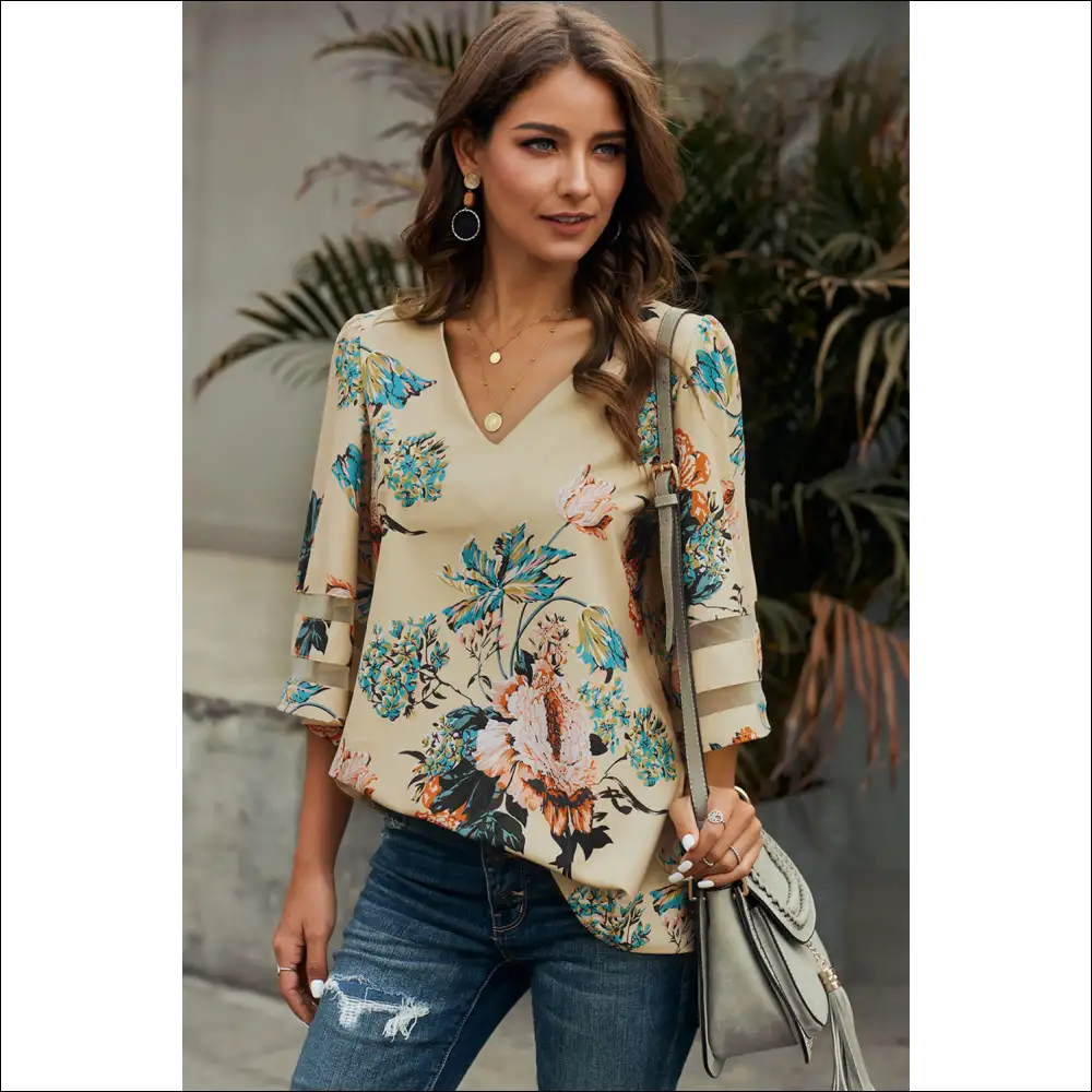 Floral & Animal Print Flare Sleeve Top - Cream / s - Blouses on Sale Worldwide Shipping