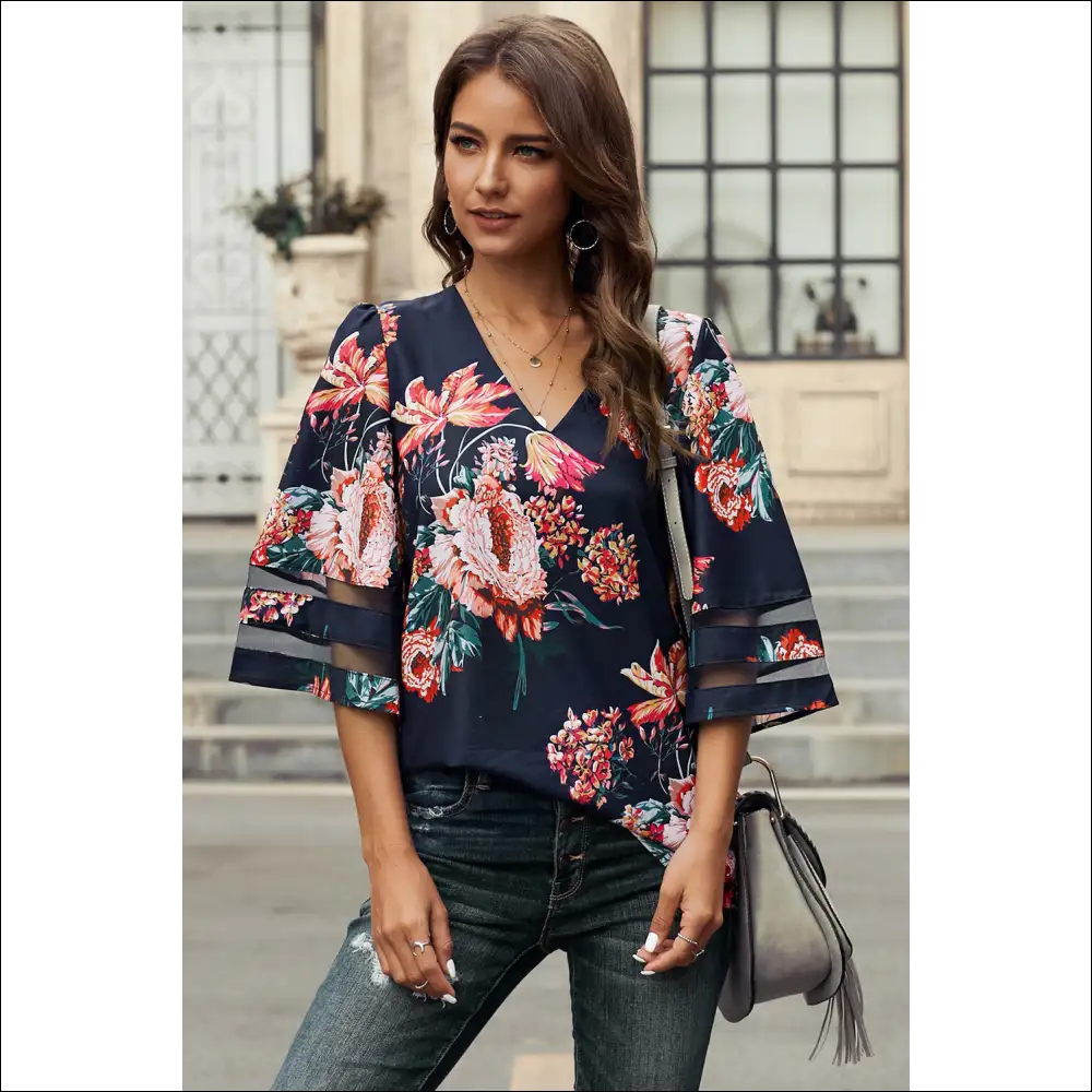 Floral & Animal Print Flare Sleeve Top - Red / 2xl - Blouses on Sale Worldwide Shipping