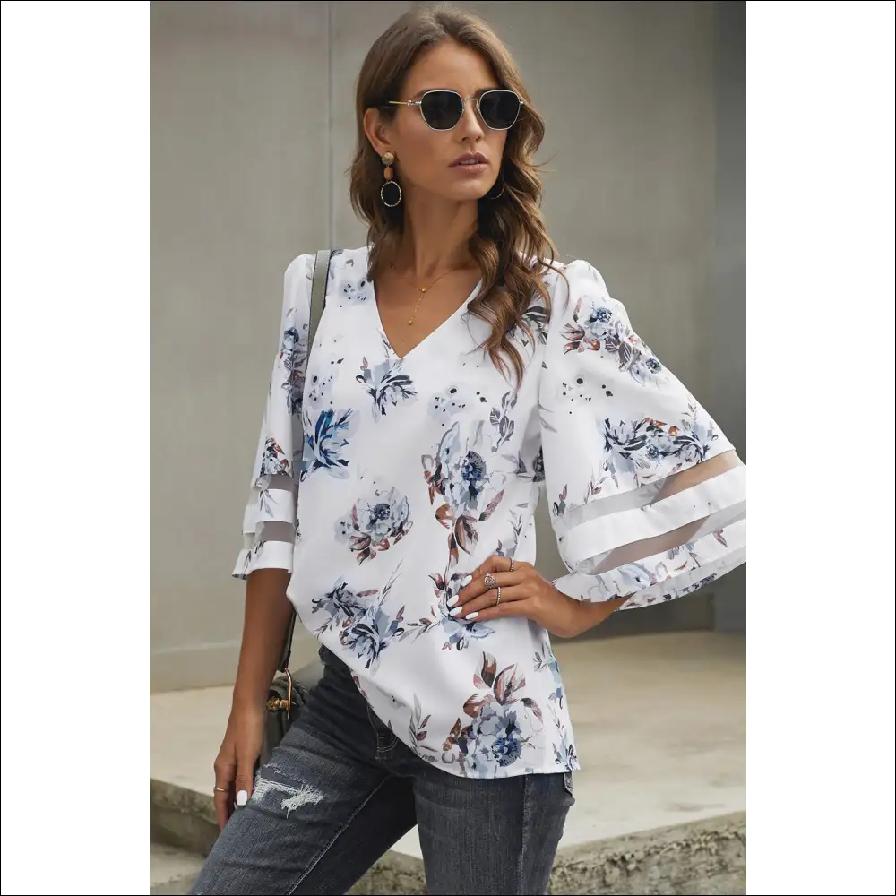 Floral & Animal Print Flare Sleeve Top - White / 2xl - Blouses on Sale Worldwide Shipping