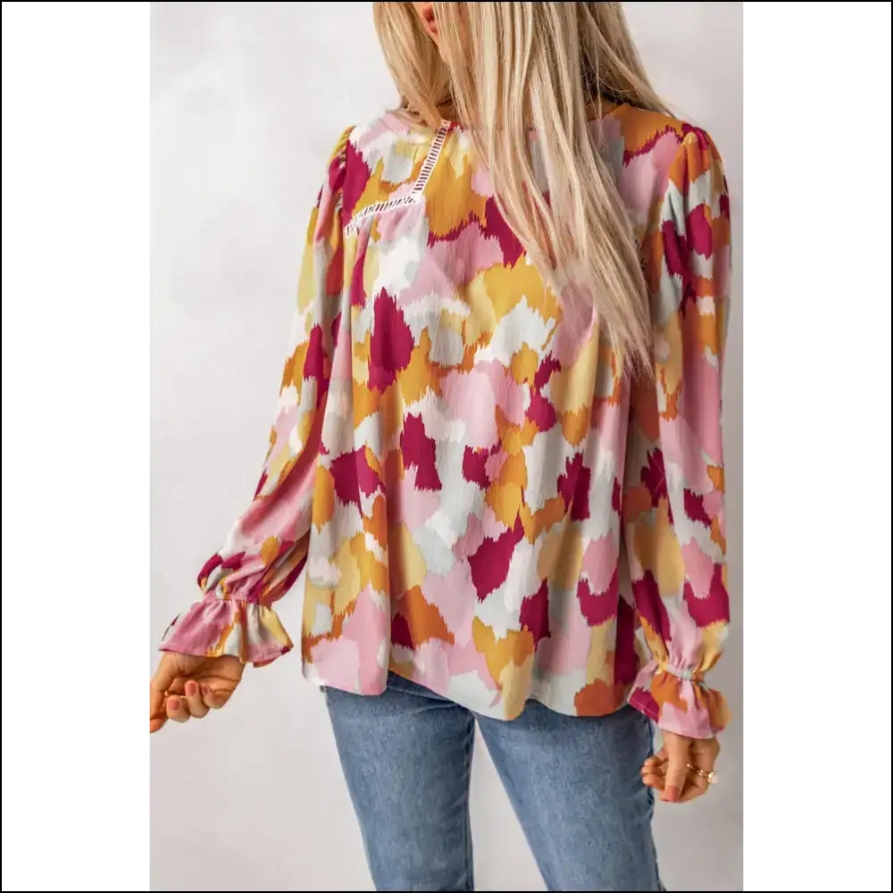 Printed Flounce Sleeve Buttoned Blouse - Blush Pink / s - Blouses on Sale Worldwide Shipping