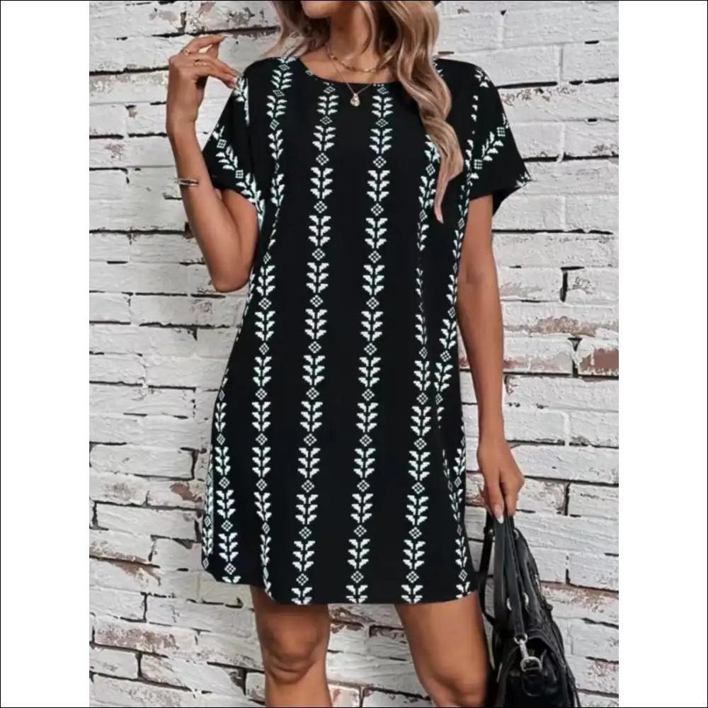 Chic Printed Round Neck Short Sleeve Dress - Black / s - Dresses on Sale Worldwide Shipping