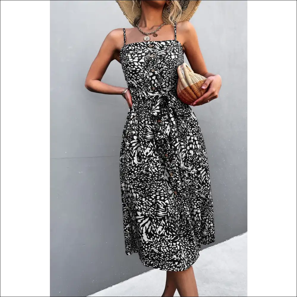 Chic Printed Spaghetti Strap Dress with Decorative Button Belt - Black / Xl - Dresses on Sale Worldwide Shipping