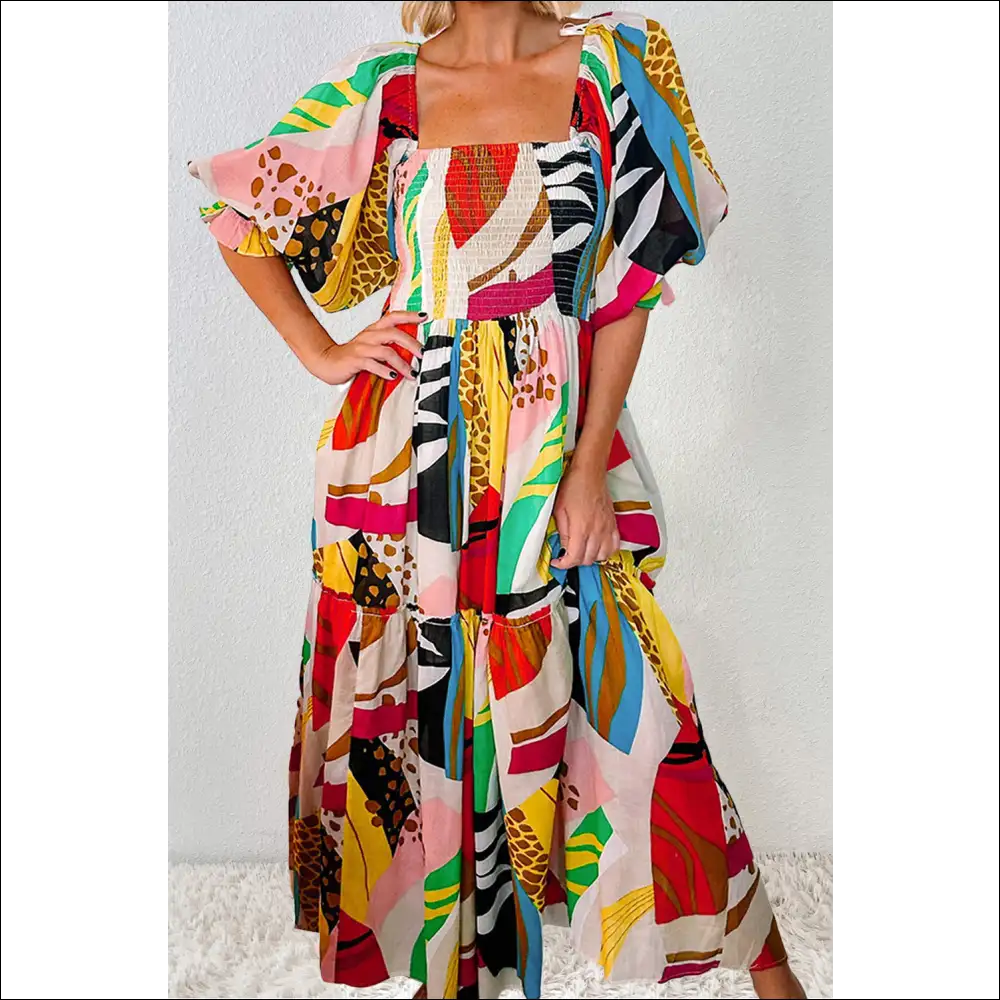 Chic Printed Square Neck Midi Dress - Dresses on Sale Worldwide Shipping