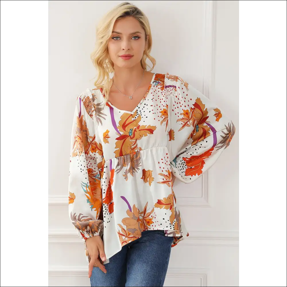 Chic Printed V-neck Smocked Balloon Sleeve Blouse - Blouses on Sale Worldwide Shipping