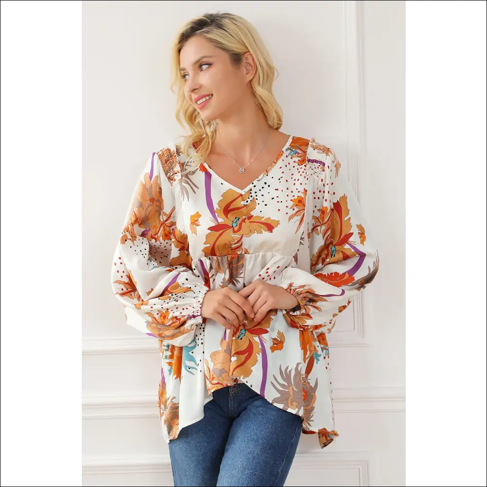 Chic Printed V-neck Smocked Balloon Sleeve Blouse - Blouses on Sale Worldwide Shipping