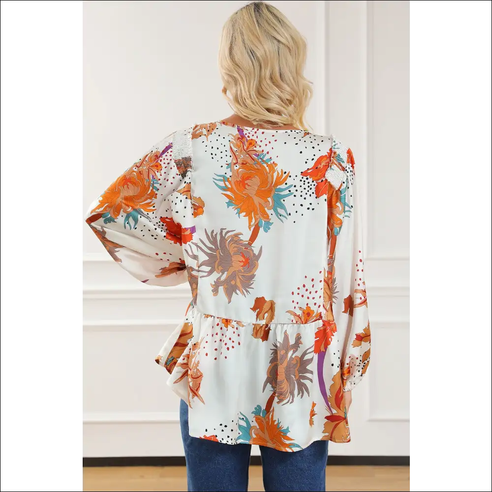 Chic Printed V-neck Smocked Balloon Sleeve Blouse - Blouses on Sale Worldwide Shipping