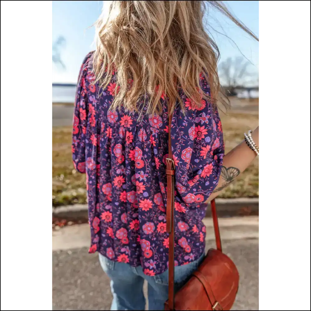 Purple Floral Puff Blouse Head Turner - Blouses on Sale Worldwide Shipping