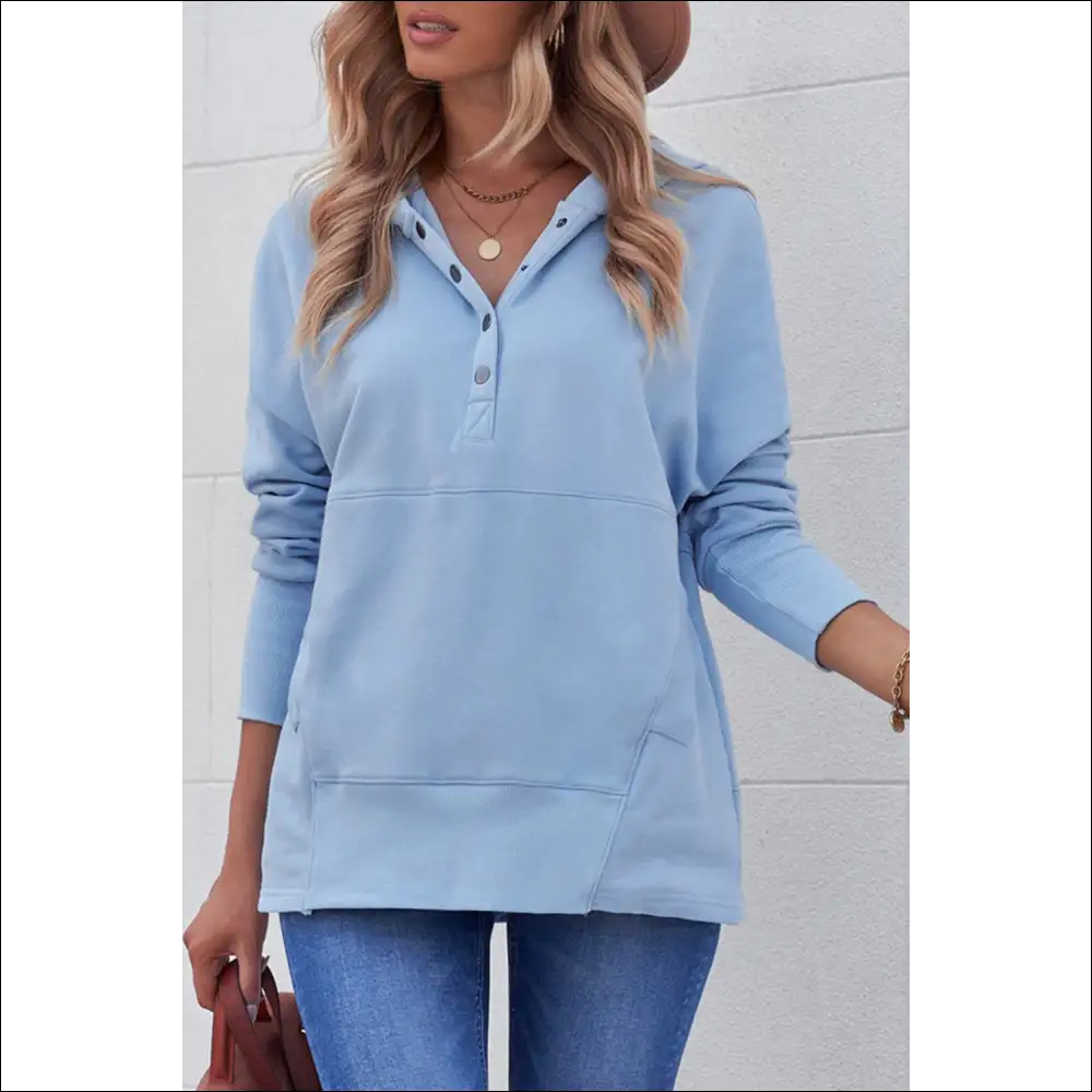 Chic Quarter-snap Dropped Shoulder Hoodie - Light Blue / m - Hoodies Sweatshirts & on Sale Worldwide Shipping