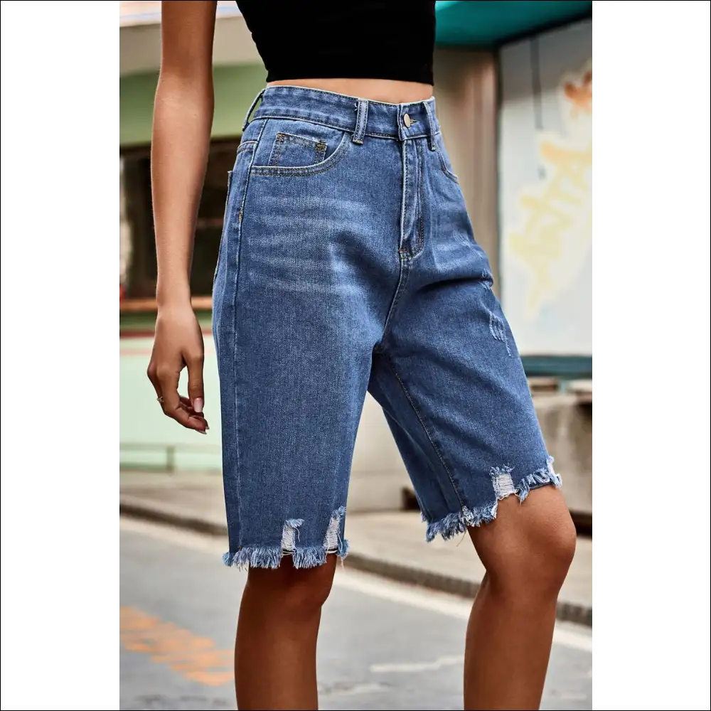 Chic Raw Hem High Waist Denim Shorts with Pockets - on Sale Worldwide Shipping