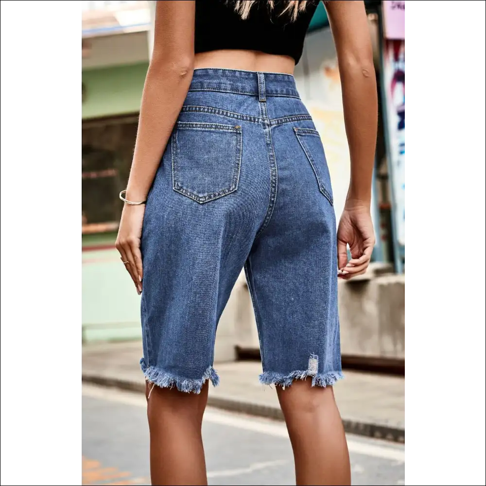 Chic Raw Hem High Waist Denim Shorts with Pockets - on Sale Worldwide Shipping