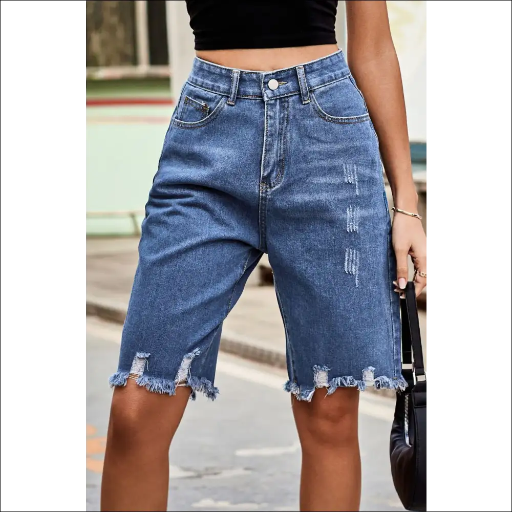 Chic Raw Hem High Waist Denim Shorts with Pockets - on Sale Worldwide Shipping
