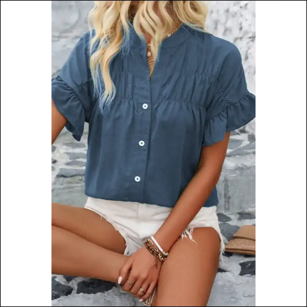 Real Teal Ruffle Ruched Riot: Needful Things Shirt 🎽 - Blouses on Sale Worldwide Shipping